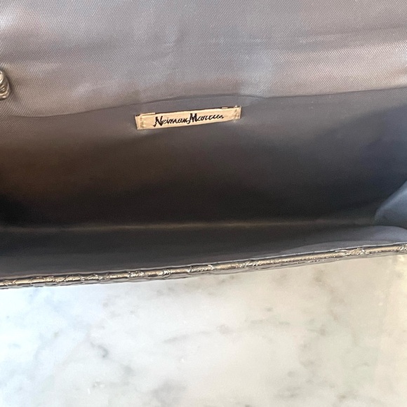 Neiman Marcus Silver Snake-embossed Wristlet, rhinestone & faux pearl accent
